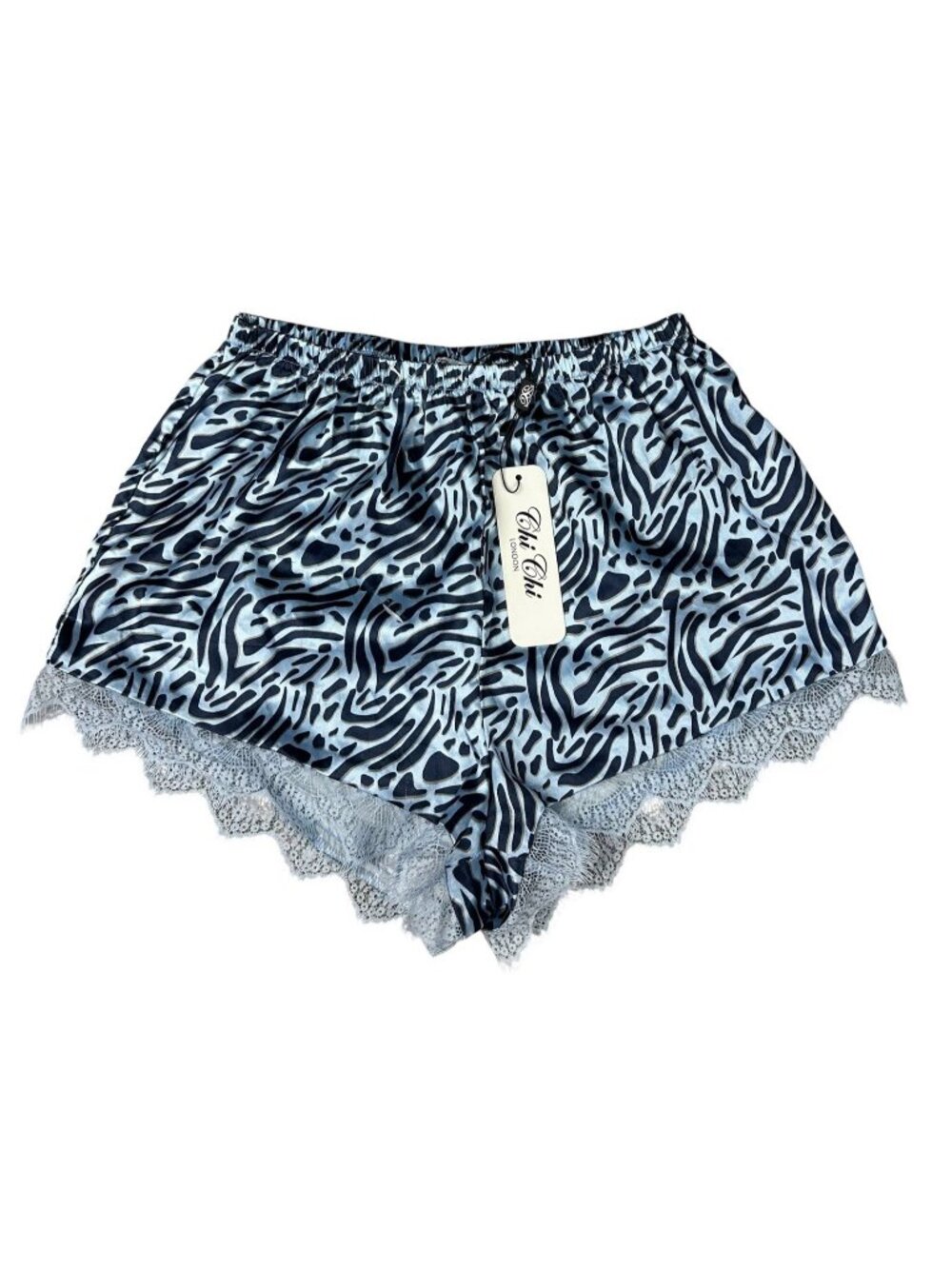 Chi Chi London Blue Animal Print Satin Lace Trim Pajama Shorts NWT Size US 4